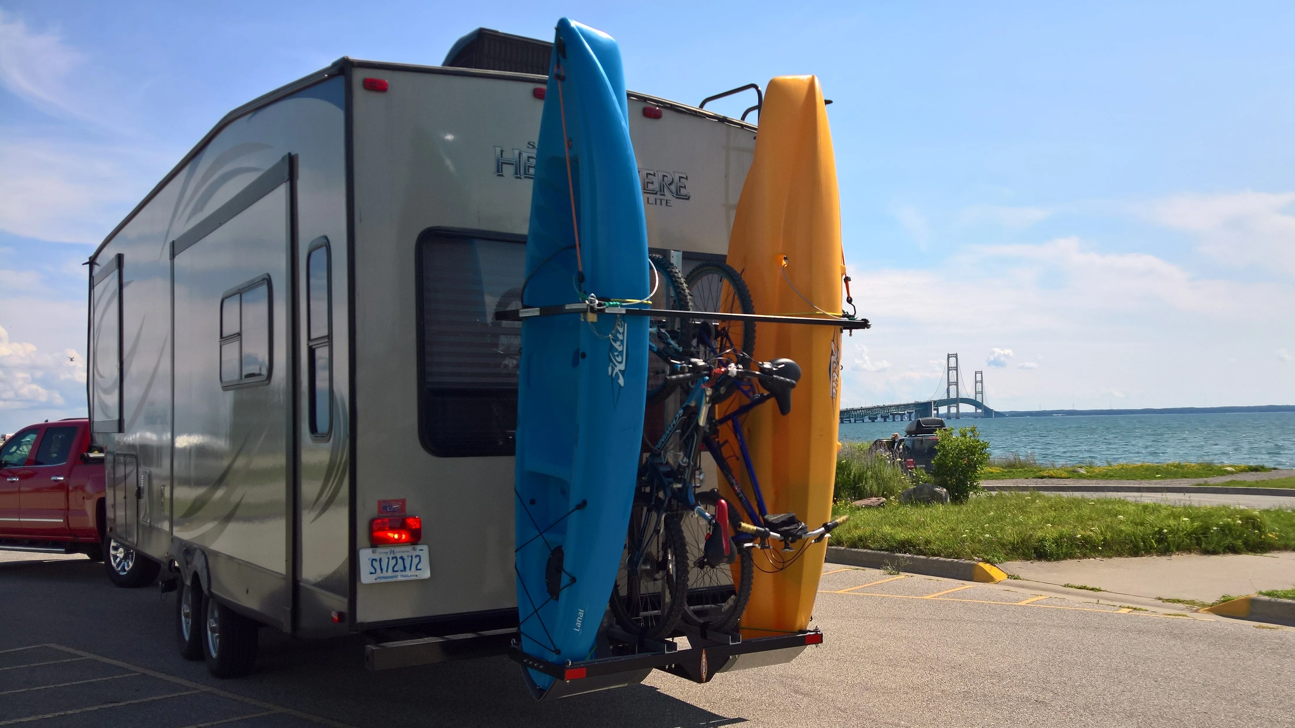 SAVE $300 until 3/18/26 from price below! Yakups®  RV Kayak & Bike Racks  KR2B56 MOTORHOME & FIFTH WHEEL Fits Electric Bikes & or WATERCRAFTS  up to 32" wide & 12' long,  Bike rack is included.. - Image 3