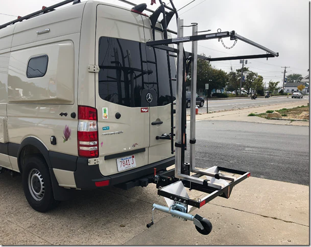 Sale good until 3/18/26 SAVE $300! Yakups®   Model KR2B56 rack can be used with  SWING ARMS on class B  RV's or Truck Campers, Includes Bike Rack, Kayak stainless guards, & Drop down wheel.  SEE VIDEO - Image 11