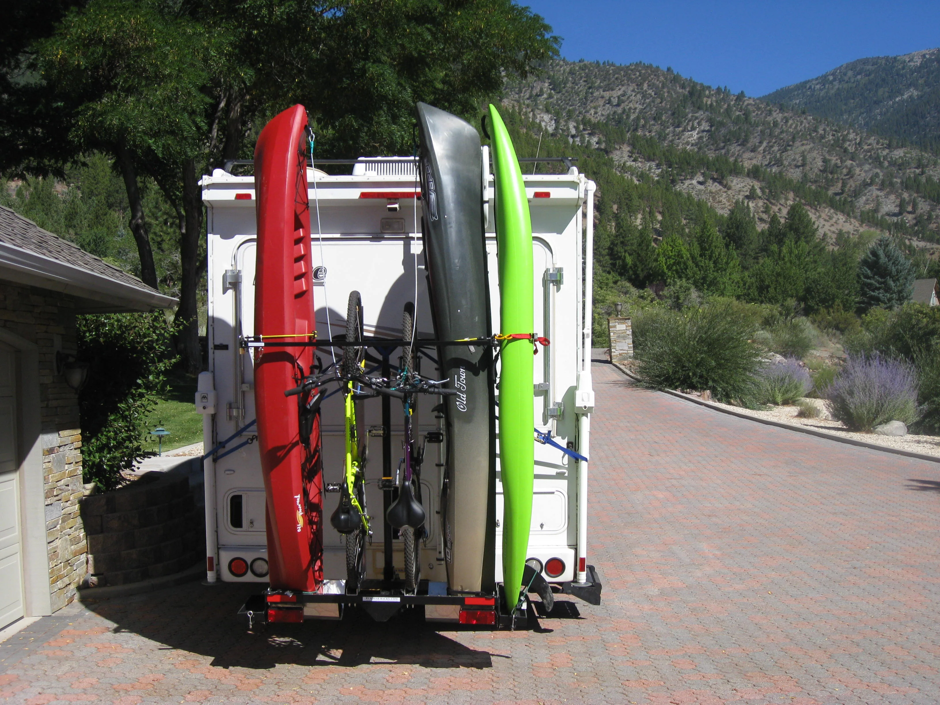 Sale good until 3/18/26 SAVE $300! Yakups®   Model KR2B56 rack can be used with  SWING ARMS on class B  RV's or Truck Campers, Includes Bike Rack, Kayak stainless guards, & Drop down wheel.  SEE VIDEO - Image 12