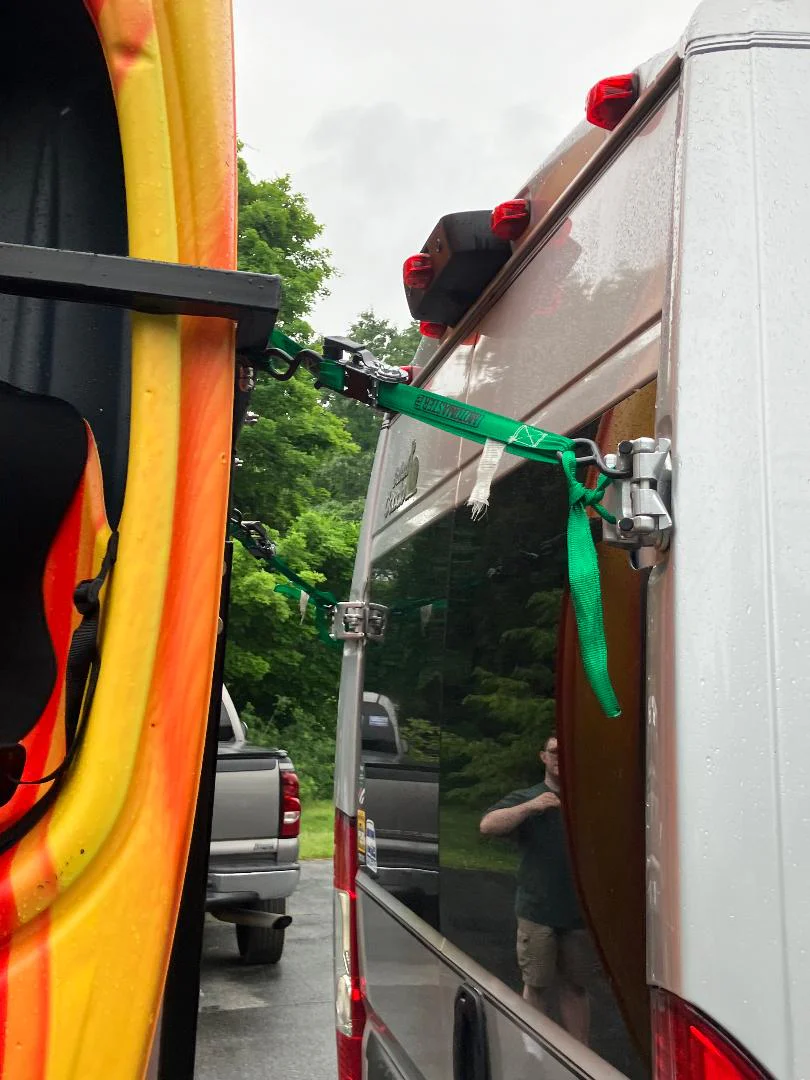 Sale good until 3/18/26 SAVE $300! Yakups®   Model KR2B56 rack can be used with  SWING ARMS on class B  RV's or Truck Campers, Includes Bike Rack, Kayak stainless guards, & Drop down wheel.  SEE VIDEO - Image 14