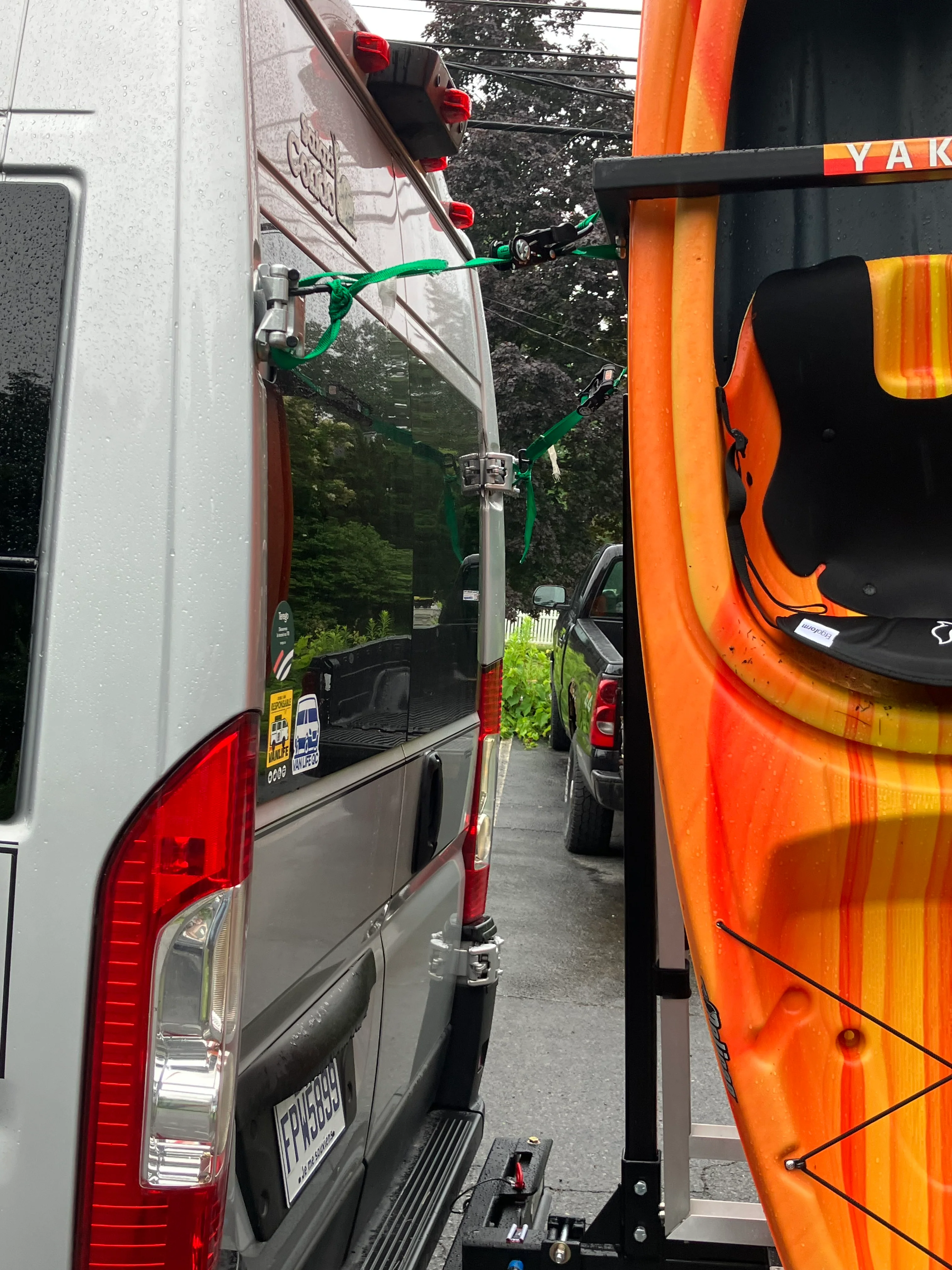 Sale good until 3/18/26 SAVE $300! Yakups®   Model KR2B56 rack can be used with  SWING ARMS on class B  RV's or Truck Campers, Includes Bike Rack, Kayak stainless guards, & Drop down wheel.  SEE VIDEO - Image 3