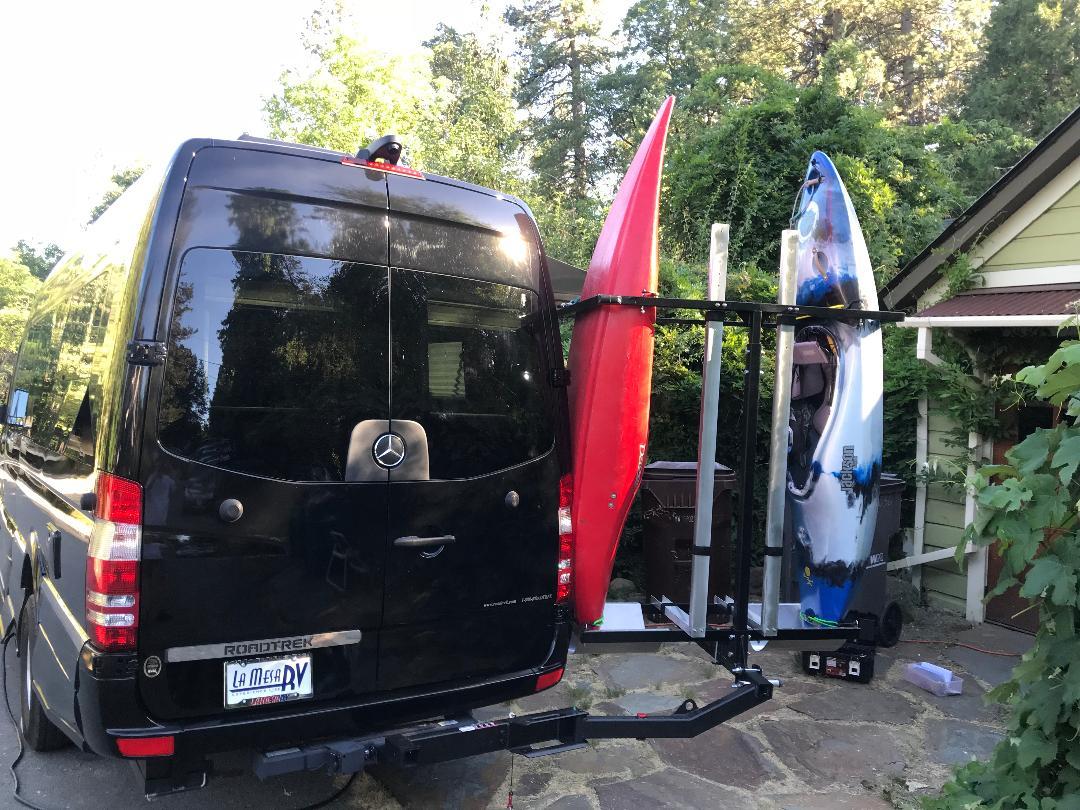 Sale good until 3/18/26 SAVE $300! Yakups®   Model KR2B56 rack can be used with  SWING ARMS on class B  RV's or Truck Campers, Includes Bike Rack, Kayak stainless guards, & Drop down wheel.  SEE VIDEO - Image 6