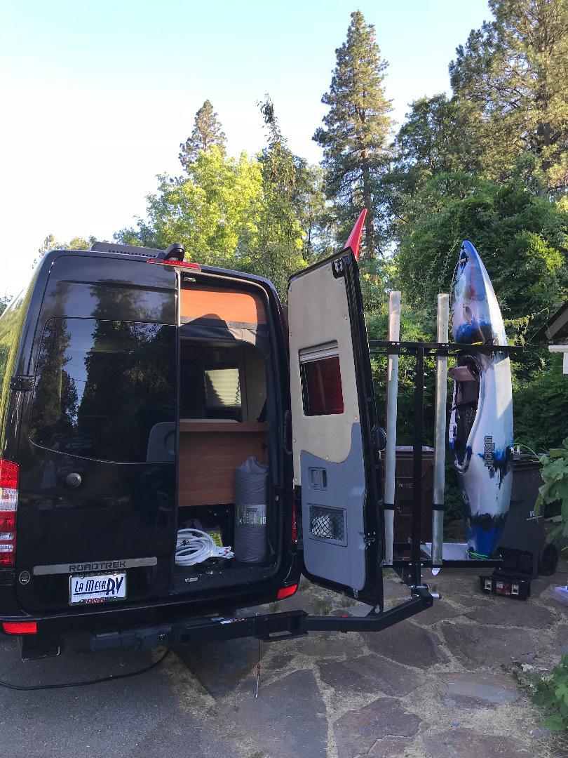 Sale good until 3/18/26 SAVE $300! Yakups®   Model KR2B56 rack can be used with  SWING ARMS on class B  RV's or Truck Campers, Includes Bike Rack, Kayak stainless guards, & Drop down wheel.  SEE VIDEO - Image 7
